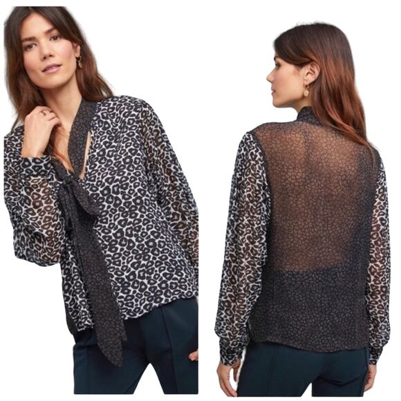 Anthropologie Conditions Apply Blouse Sheer Bow Tie Neck Leopard Top Medium - Picture 1 of 11